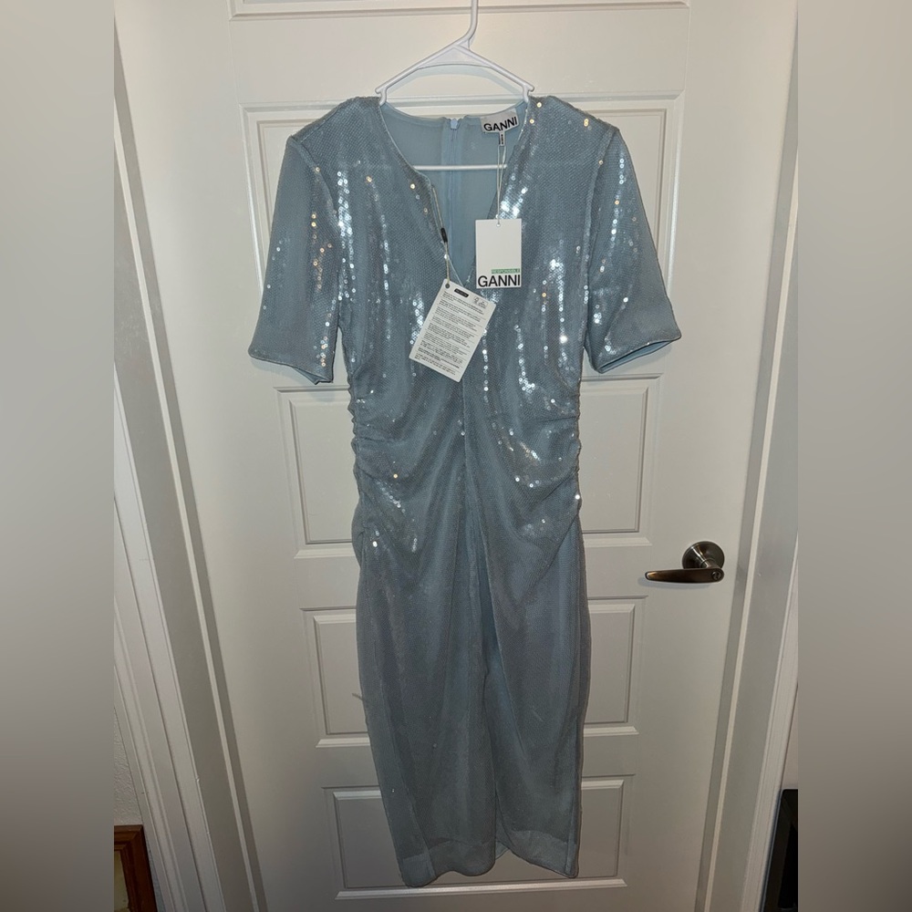 Ganni Light Blue Sequin Ruched Midi Dress